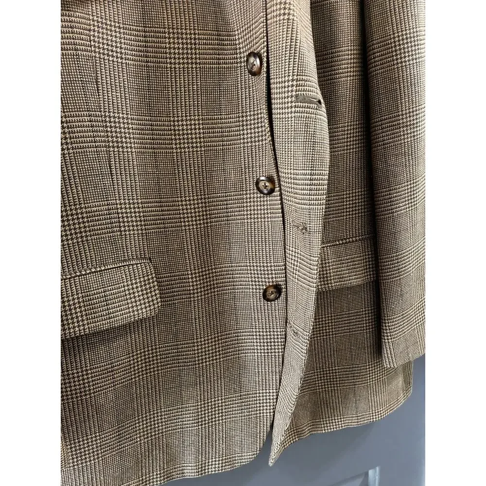 VTG Bespoke Mens 44R Brown Houndstooth Plain Blazer Suit Jacket Made in USA